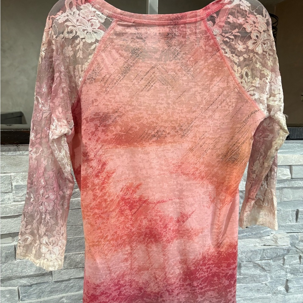Maurices Pink Orange Tie-Dye Lace Sleeve Long Sleeve Top - Picture 4 of 4